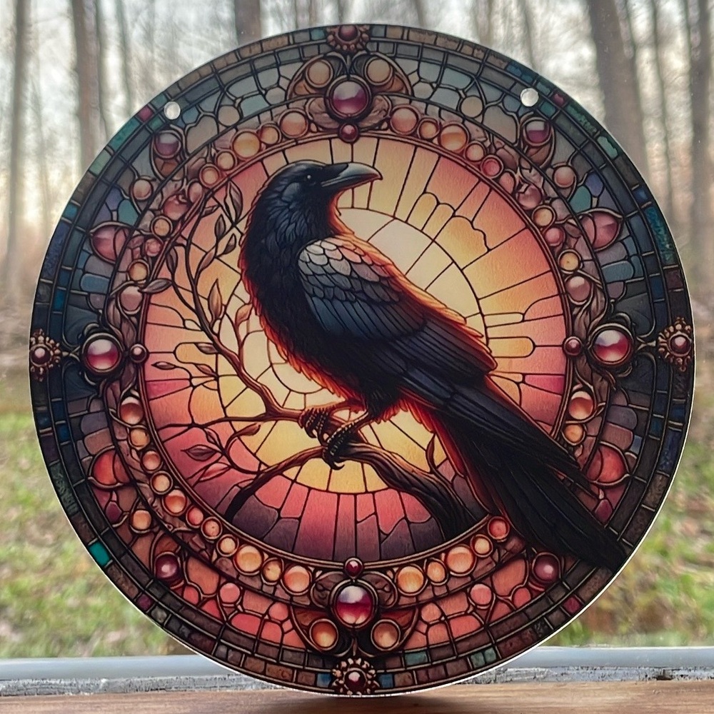 Acrylic Suncatcher Black Raven Bird 6” Round Faux Stained Glass Gift